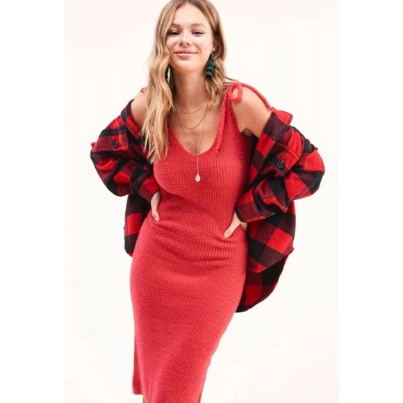 CLEARANCE Red Knit Midi Tie Shoulder Holiday Dress - Picture 5 of 5